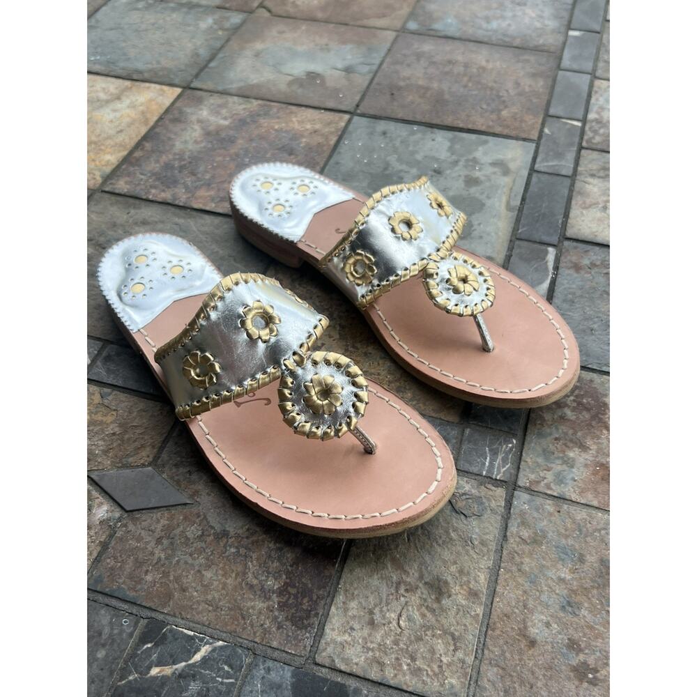$138 Jack Rogers Metallic Silver Gold Whipstitch Leather Flat Sandals Women 8